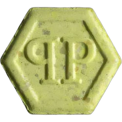 Yellow Philipp Plein ecstasy pill (XTC) — MDMA 142mg; Synthesis impurity — Zürich, Switzerland