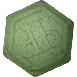 Green Philipp Plein ecstasy pill (XTC) — MDMA 238mg — Madrid, Spain