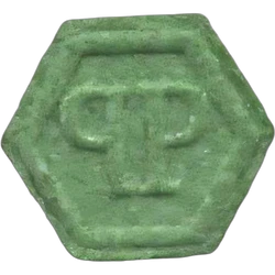 Green Philipp Plein ecstasy pill (XTC) — MDMA 164mg — Barcelona, Spain