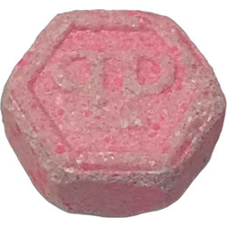 Pink Philipp Plein ecstasy pill (XTC) — MDMA 13mg; Caffeine 37mg; Amphetamine 1mg — Barcelona, Spain
