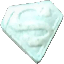 Blue Superman ecstasy pill (XTC) — MDMA 121mg; Caffeine 16mg; Amphetamine 4mg; DPIA — Valencia, Spain