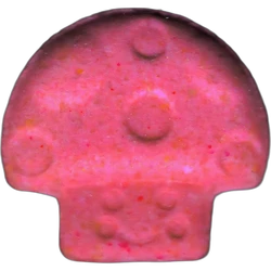 Pink Mushroom ecstasy pill (XTC) — MDMA 129mg; Caffeine 64mg — Madrid, Spain