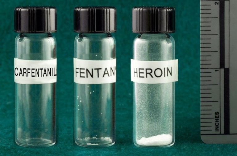 Three labelled vials beside a ruler holding lethal doses of carfentanil, fentanyl and heroin, the first two barely visible