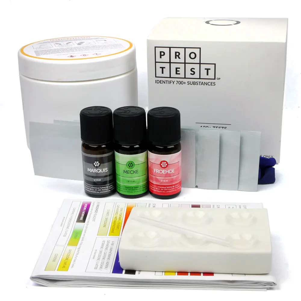 Opioids test kit with reagent Marquis, Mecke, Froehde, fentanyl test strips