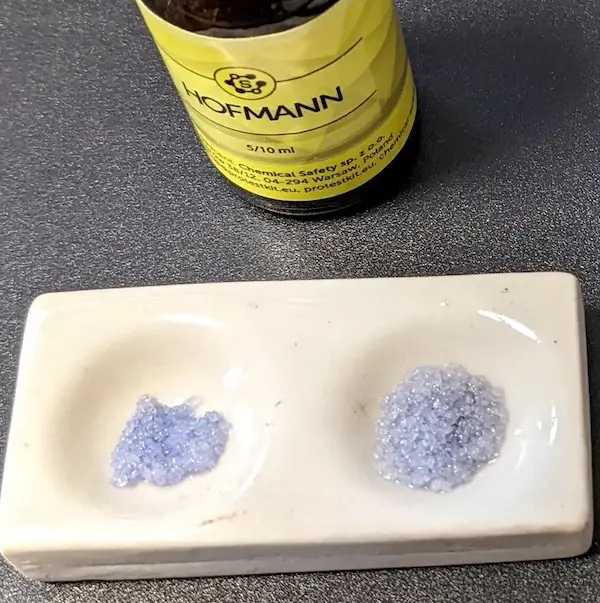 A deep blue color, sometimes with a hint of purple, is the typical reaction of the Hofmann reagent with LSD. The reaction usually occurs within a few to several minutes. We recommend observing the reaction for up to 60 minutes. Using a larger sample or one with a relatively high concentration of LSD increases the chances of producing a strong deep blue reaction. Adding a drop of water or alcohol may also help.