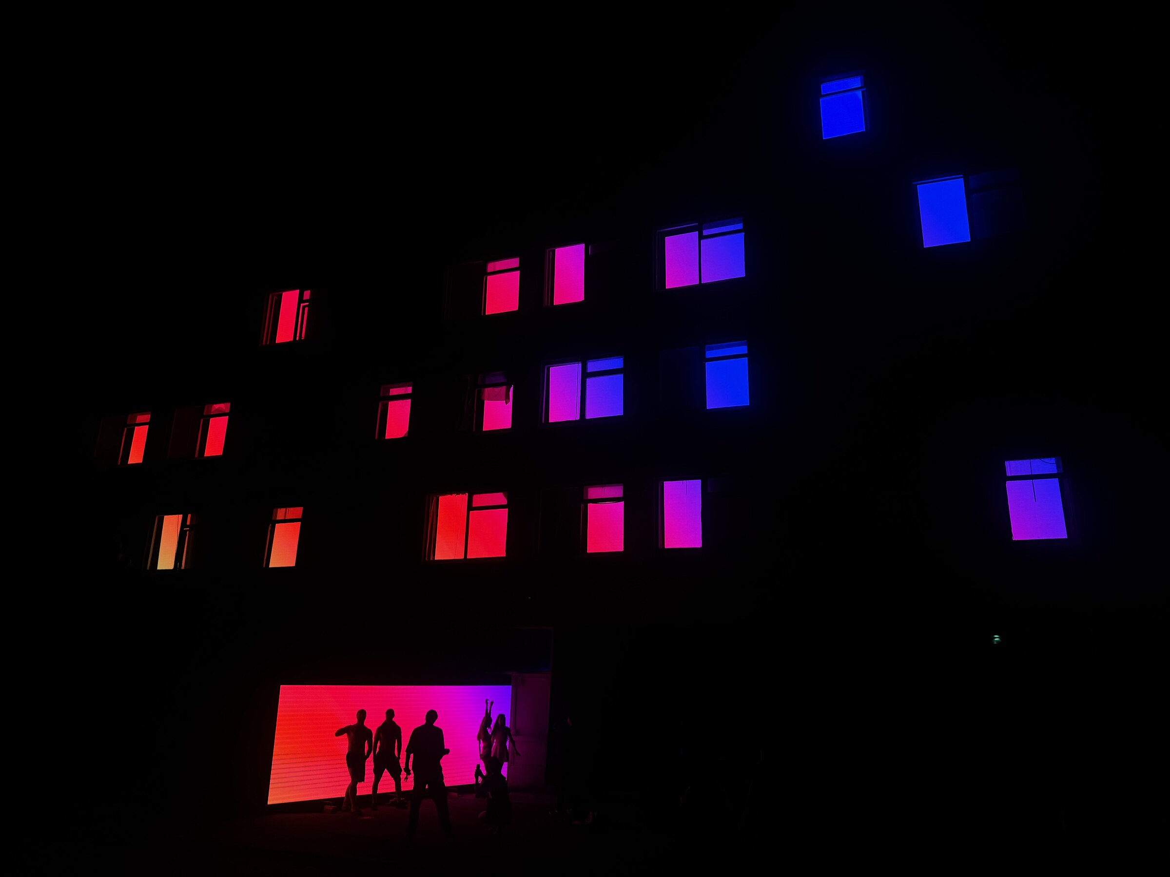 Brave Factory's illuminated windows at night in Kyiv