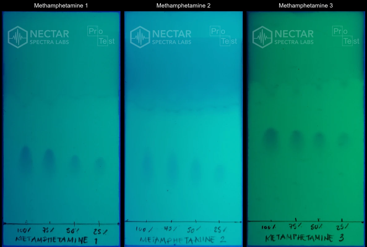 TLC-kalibratieplaten: methamfetamine, 100%, 75%, 50% en 25%