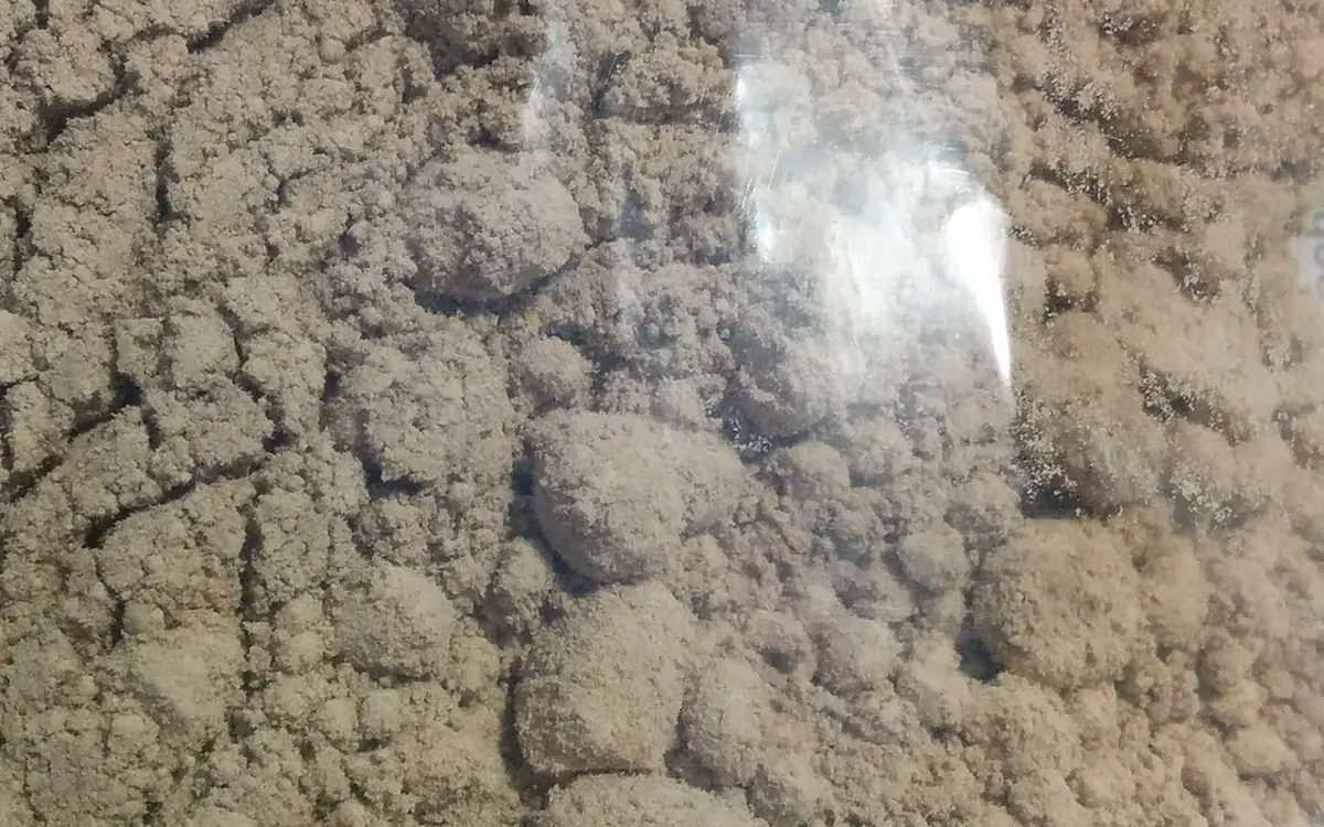 Khaki coloured cathinone powder clumped inside a clear bag