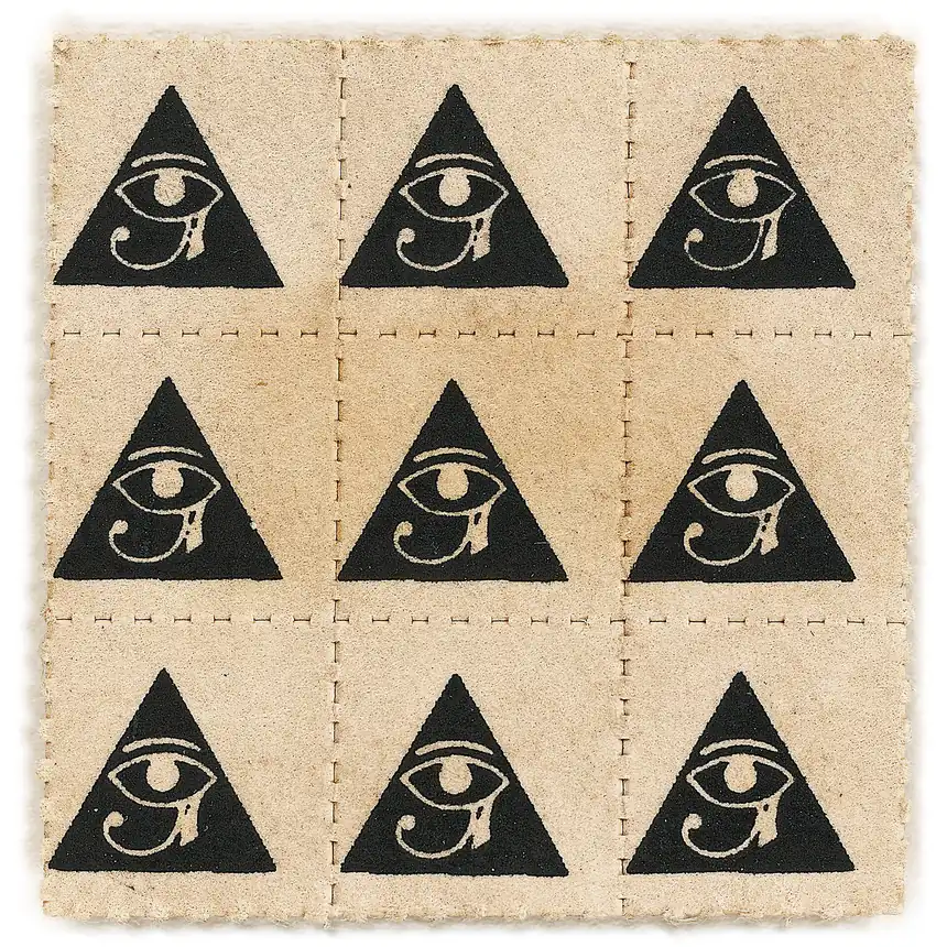 A perforated sheet of LSD blotter printed with nine eye of Horus designs