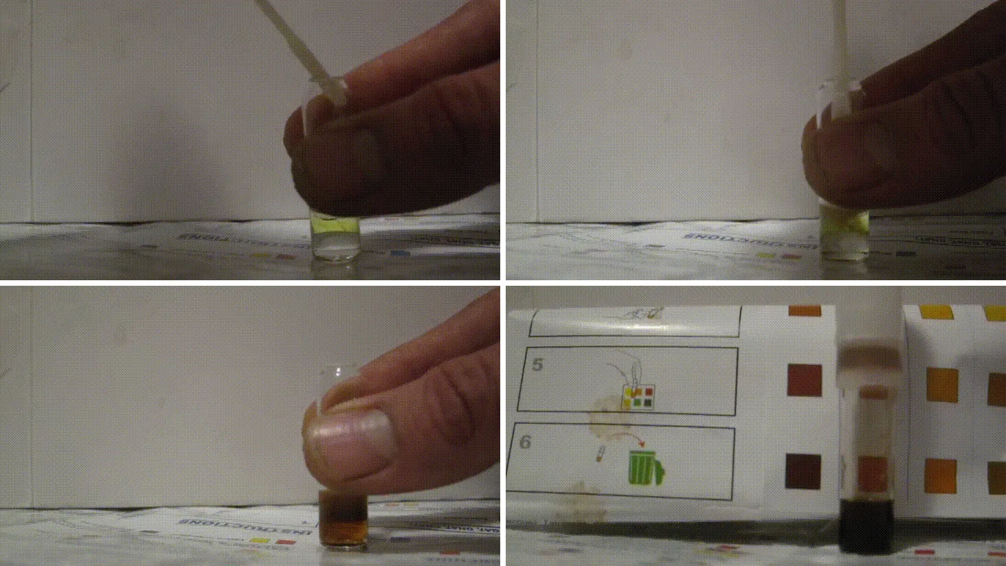 Four frames of a one-liquid cocaine purity ampoule: the liquid starts clear, turns yellow, then orange-brown, and ends near black beside the colour card