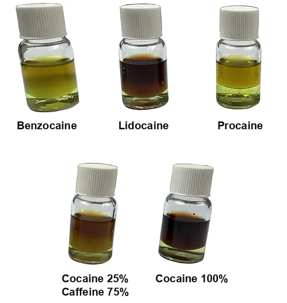 Five vials of PRO Test for Cocaine Quantity in two rows. Top row: benzocaine pale yellow-green, lidocaine dark brown, procaine yellow. Bottom row: 25% cocaine with 75% caffeine mid brown, 100% cocaine dark brown