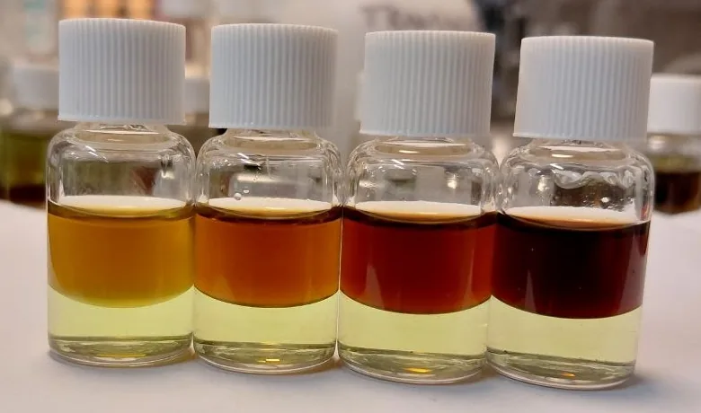 The same four reference vials under lab light, top layers from amber at 25% to dark red-brown at 100%