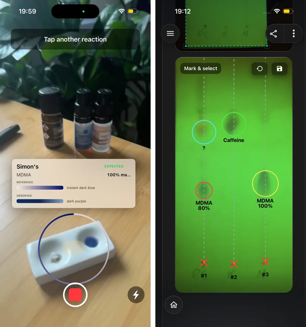 Two DrugsPRO app screens. Left: the camera view over a spot plate, with a card matching a Simon's reagent reaction to its reference colour. Right: a TLC testing card straightened on screen, with circled spots labelled MDMA 80%, MDMA 100% and Caffeine