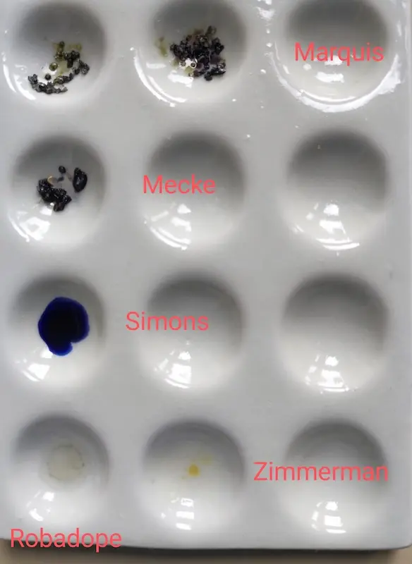 MDMA з Marquis, Mecke, Simon's, Robadope і Zimmermann. Тут важлива саме комірка Simon's.